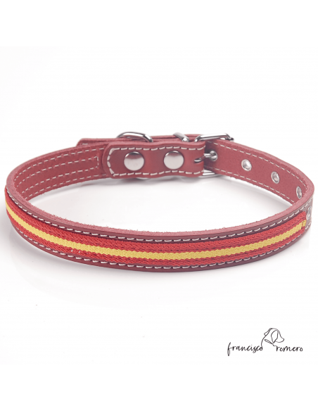 Collar piel vaquetilla bandera España hebilla rulo Burdeos