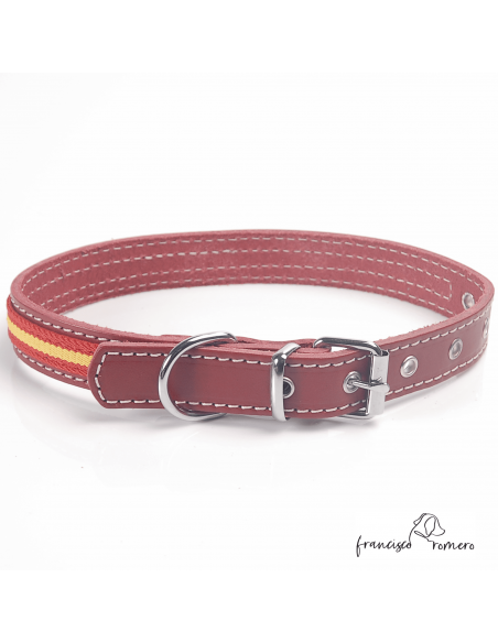 Collar piel vaquetilla bandera España hebilla rulo Burdeos