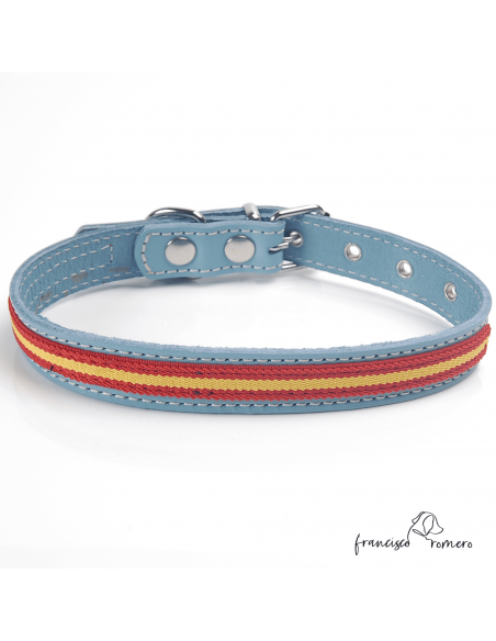 Collar piel vaquetilla bandera España hebilla rulo Celeste
