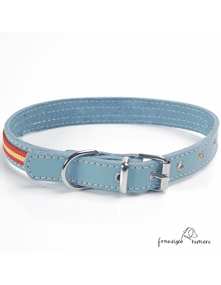 Collar piel vaquetilla bandera España hebilla rulo Celeste