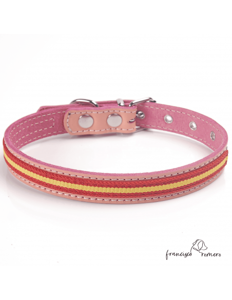 Collar piel vaquetilla bandera España hebilla rulo Rosa