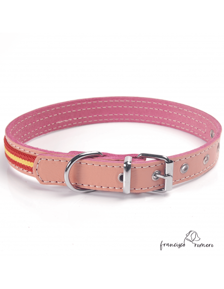 Collar piel vaquetilla bandera España hebilla rulo Rosa