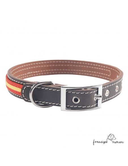 Collar Doble Piel con bandera España herrajes en níquel Marrón