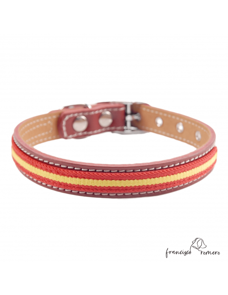 Collar Doble Piel con bandera España herrajes en níquel Burdeos