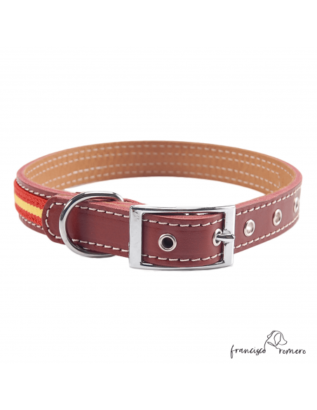 Collar Doble Piel con bandera España herrajes en níquel Burdeos