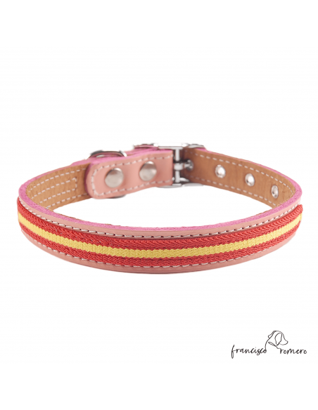 Collar Doble Piel con bandera España herrajes en níquel Rosa