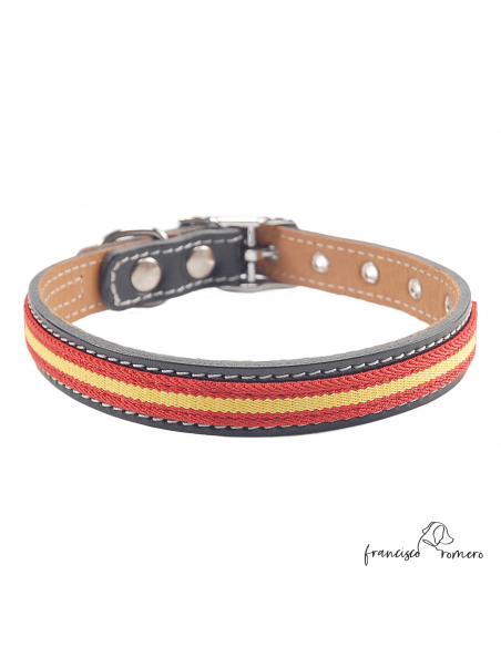 Collar Doble Piel con bandera España herrajes en níquel Negro