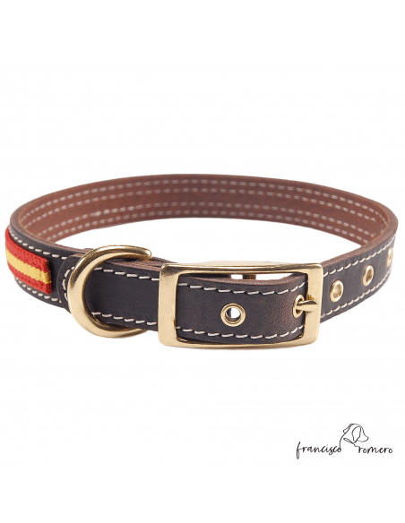 Collar Doble Piel con bandera España y herrajes latón Marrón