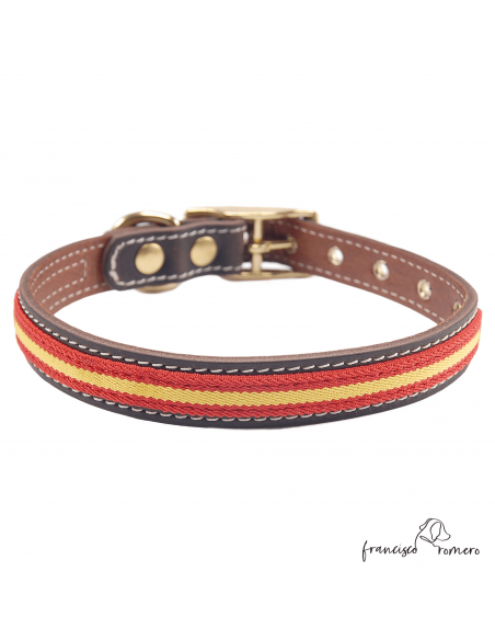 Collar Doble Piel con bandera España y herrajes latón Marrón