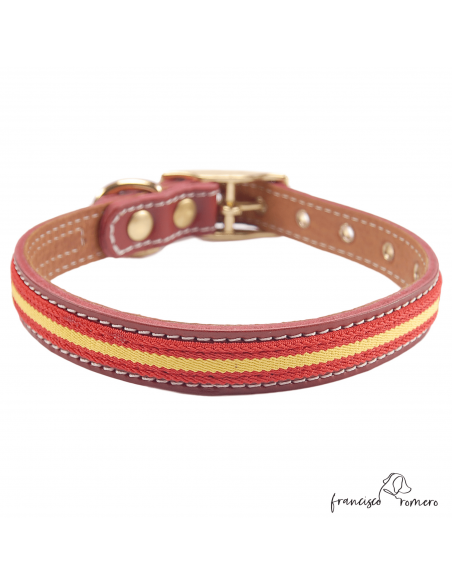 Collar Doble Piel con bandera España y herrajes latón Burdeos