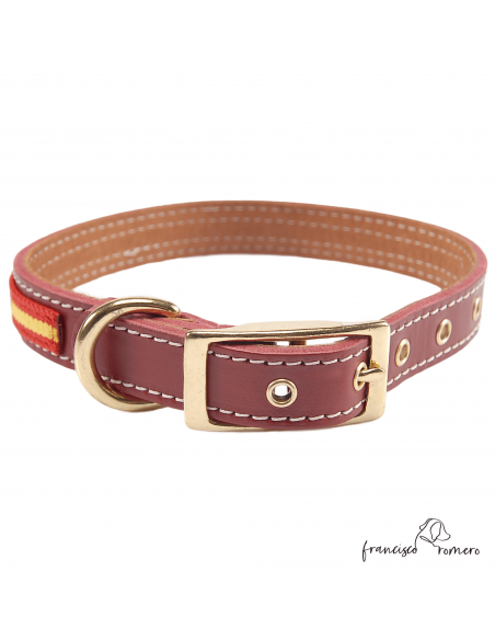 Collar Doble Piel con bandera España y herrajes latón Burdeos