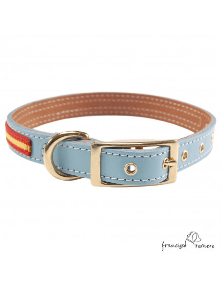 Collar Doble Piel con bandera España y herrajes latón Celeste
