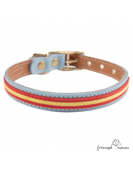 Collar Doble Piel con bandera España y herrajes latón Celeste
