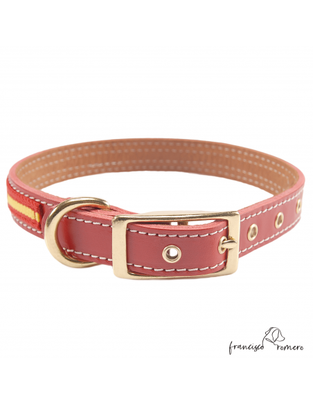 Collar Doble Piel con bandera España y herrajes latón Rojo