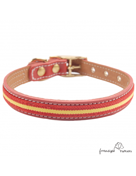 Collar Doble Piel con bandera España y herrajes latón Rojo