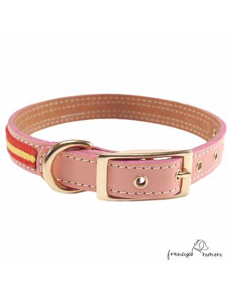 Collar Doble Piel con bandera España y herrajes latón Rosa