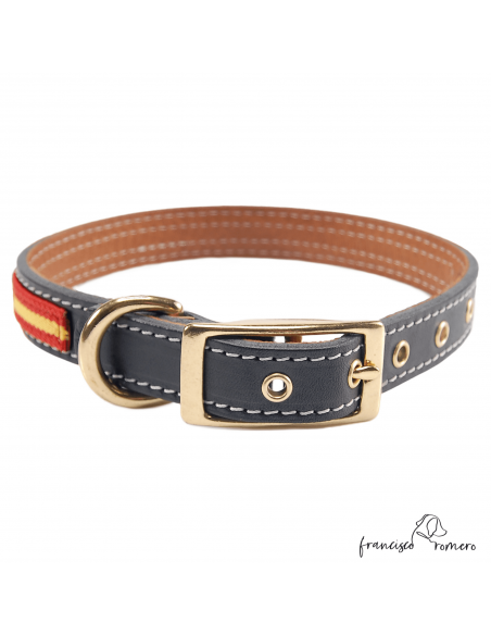 Collar Doble Piel con bandera España y herrajes latón Negro