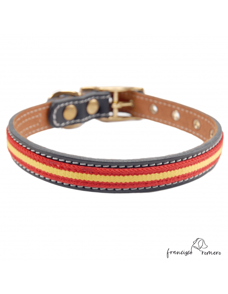 Collar Doble Piel con bandera España y herrajes latón Negro